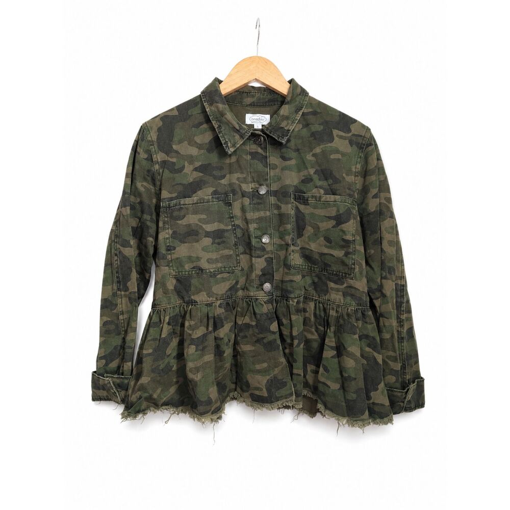 Mud Pie Camo Peplum Jacket Large Frayed Hem Military Utility Button Front Top